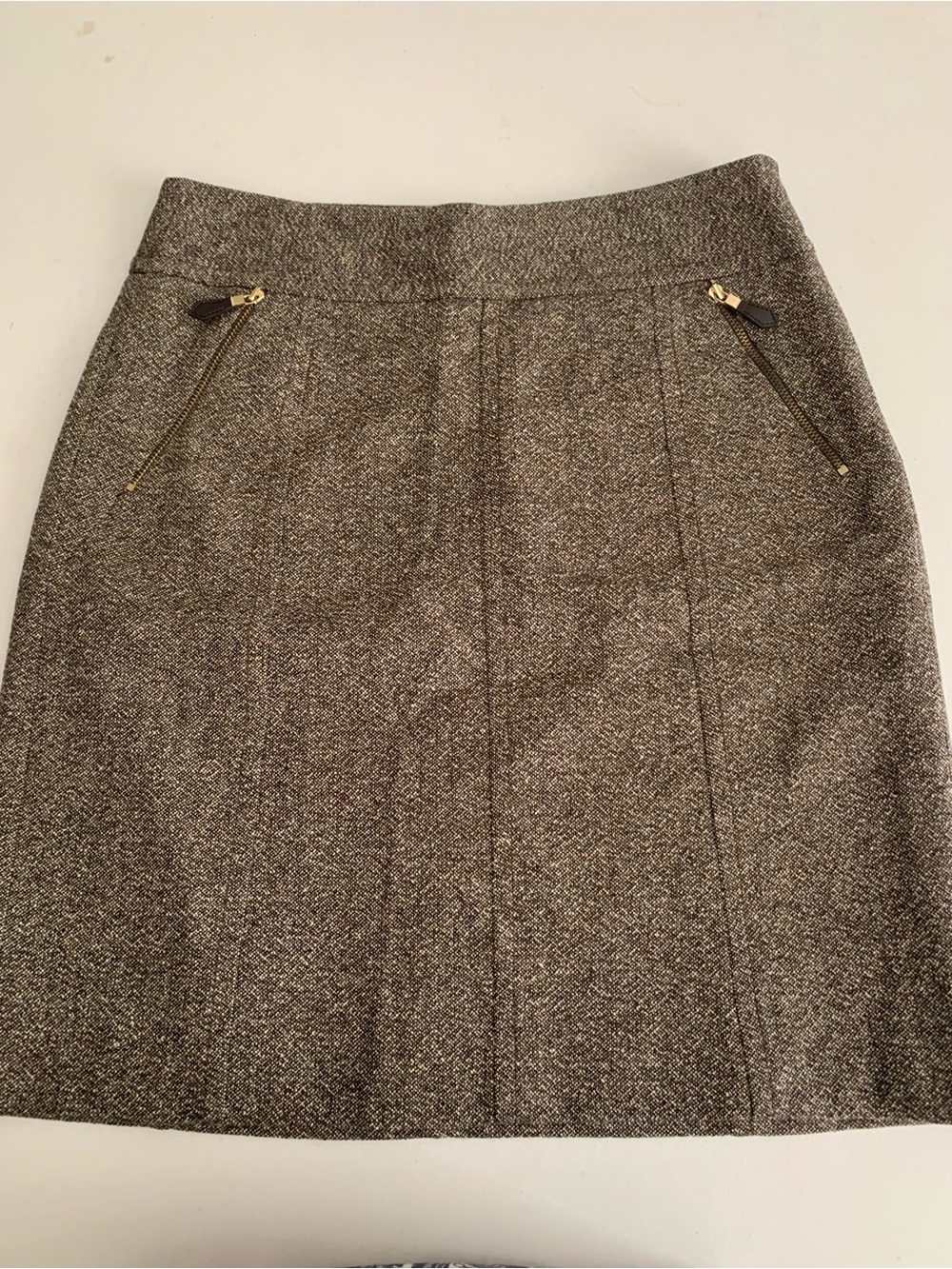 Ann Taylor Brown Tweed Pencil Skirt with Gold Zippers 56%Wool